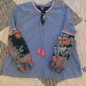 Johnny Was Workshop Striped Silk/Cotton Floral Top Size XS